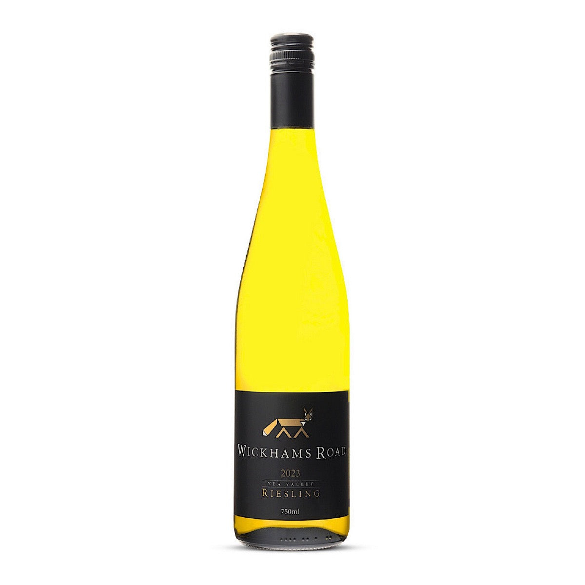 Bright yellow bottle of Wickhams Road Riesling 2023 by Hoddles Creek Winery, featuring a black label with the winery's logo and vintage details, against a white background