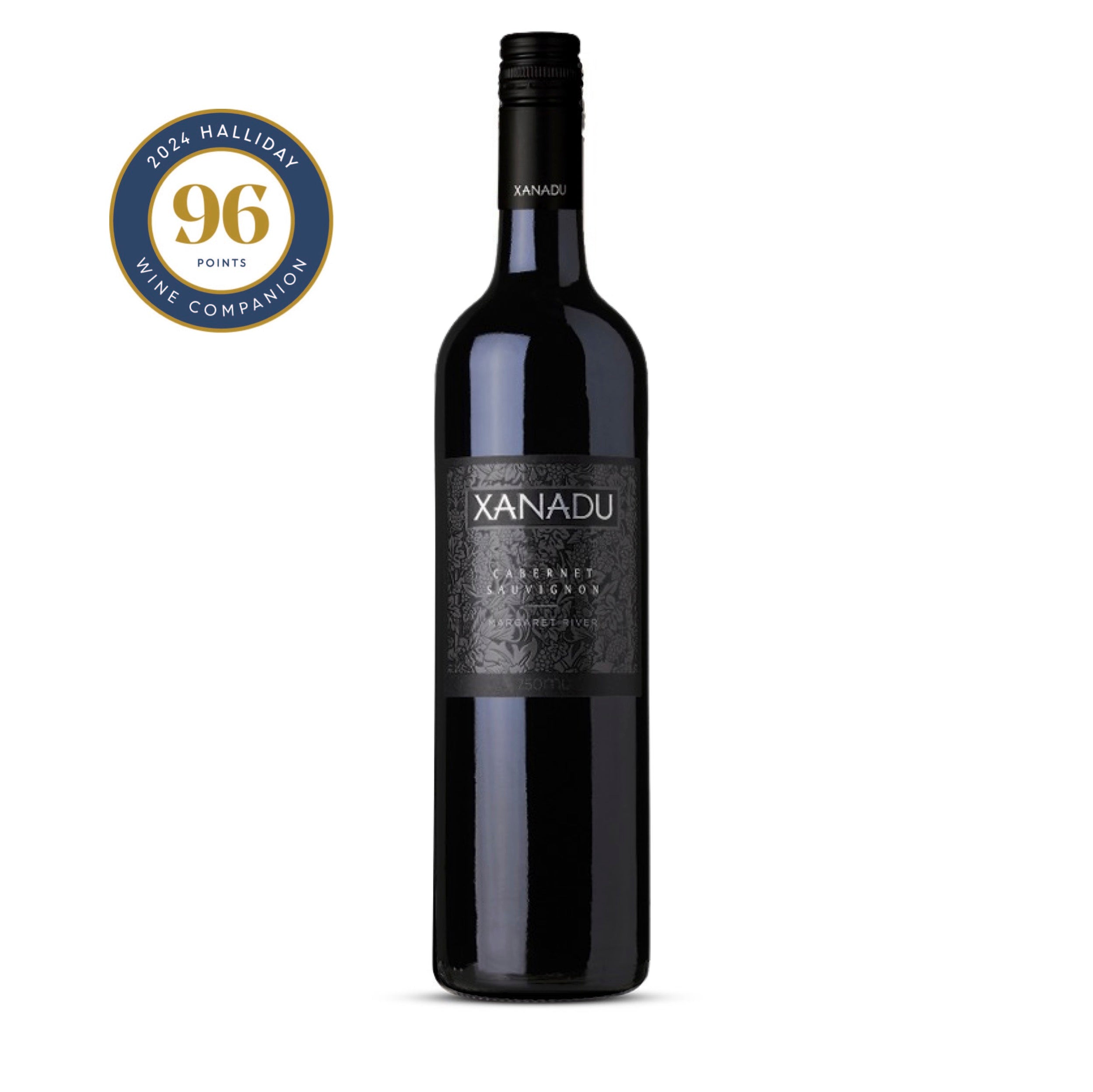 Bottle of Xanadu Cabernet Sauvignon from Margaret River. The bottle is black with black label and silver writing. 