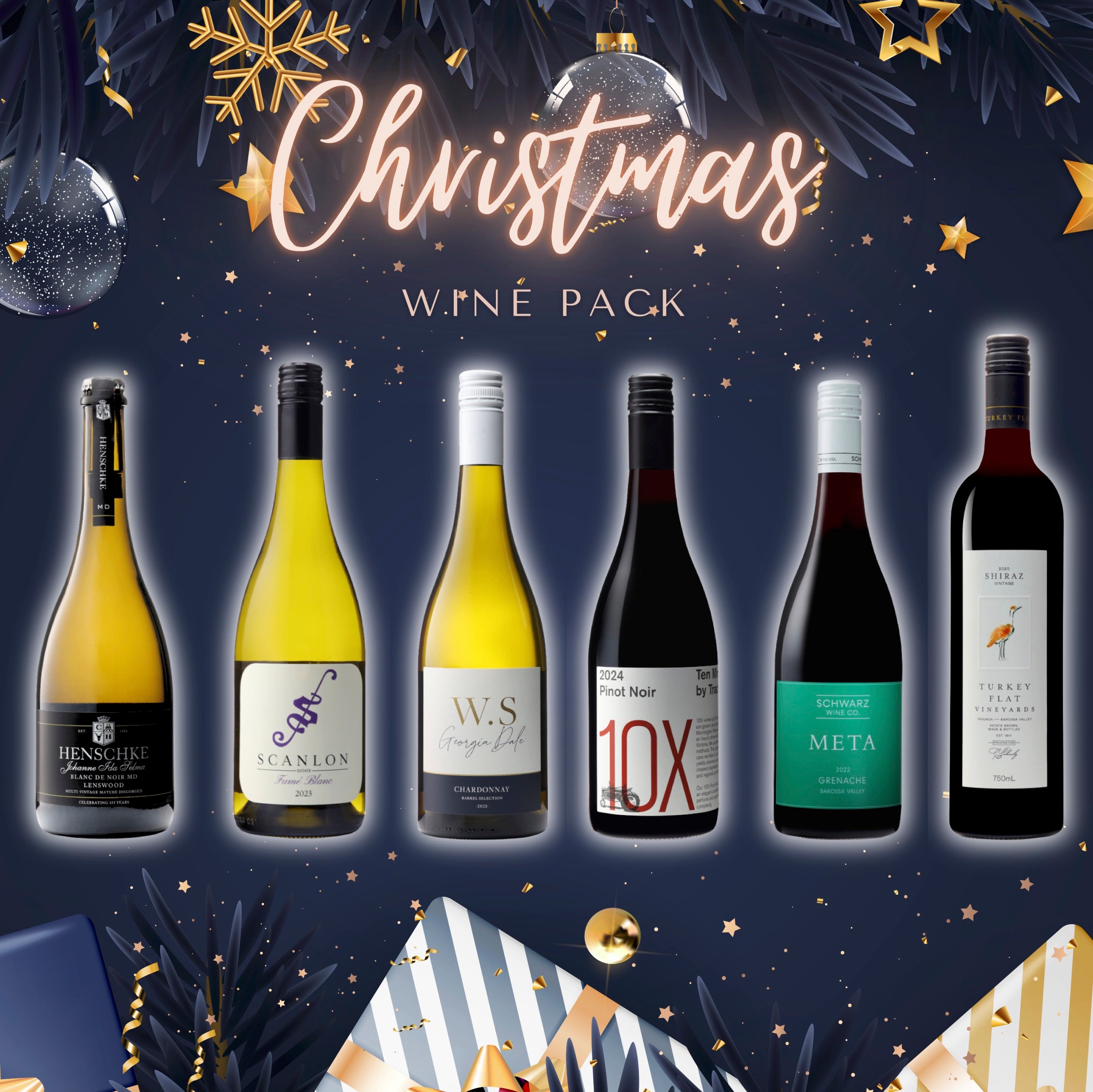 A festive Christmas wine pack featuring six premium bottles, including Henschke Sparkling, Turkey Flat Shiraz, and Ten Minutes by Tractor Pinot Noir, perfect for holiday celebrations.