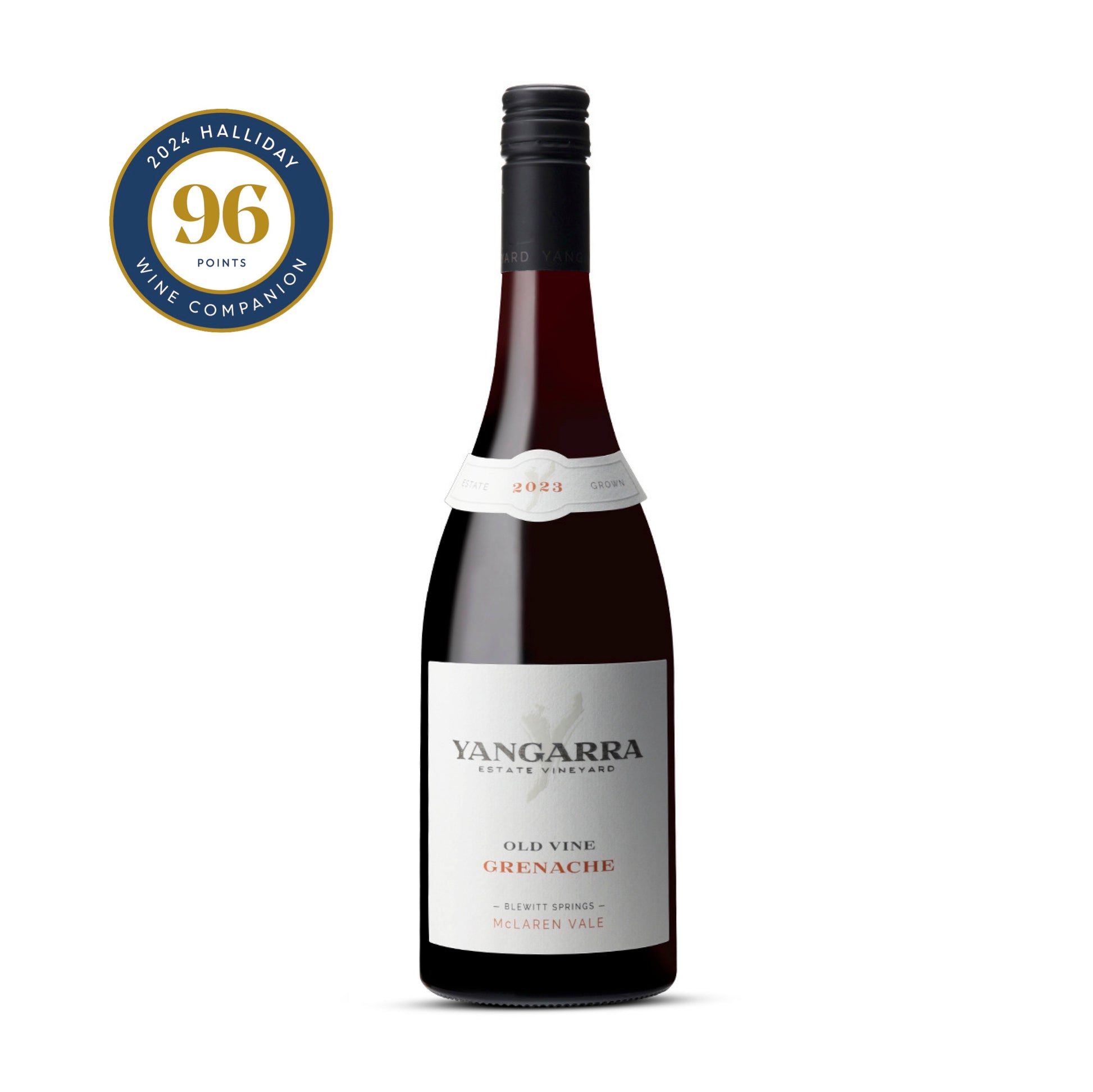 A bottle of Yangarra 2023 Old Vine Grenache with its elegant label, showcasing the legacy of McLaren Vale’s 1946-planted bush vines.