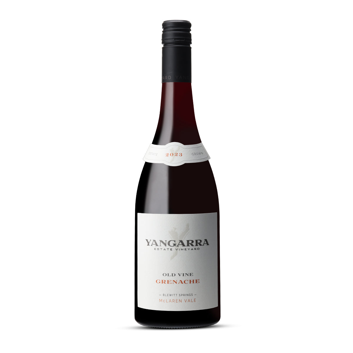 A bottle of Yangarra 2023 Old Vine Grenache with its elegant label, showcasing the legacy of McLaren Vale’s 1946-planted bush vines.