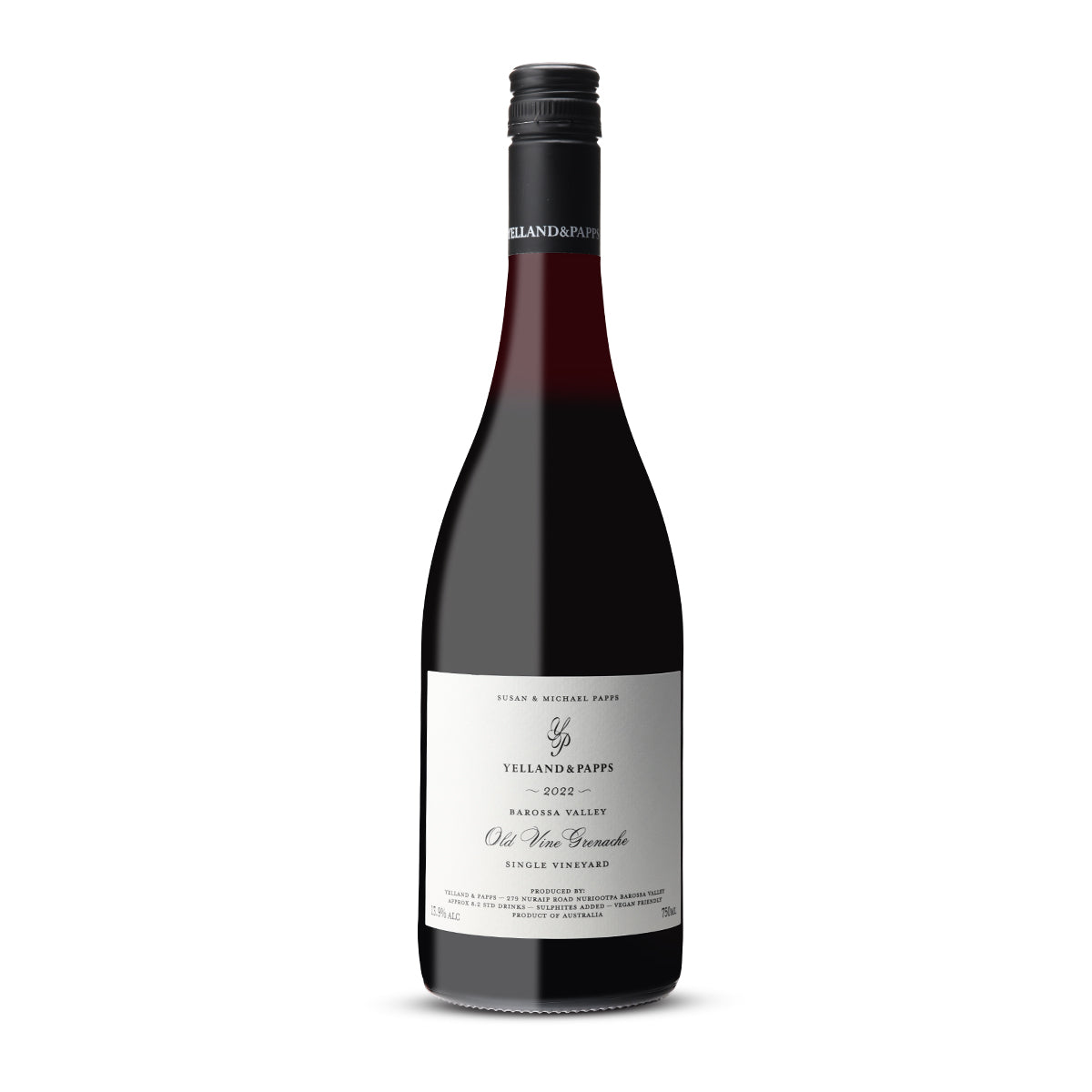 Bottle of Yelland & Papps Old Vine Grenache 2022 showcasing its sophisticated label, representing a heritage Barossa Valley wine made from 1953 vines.