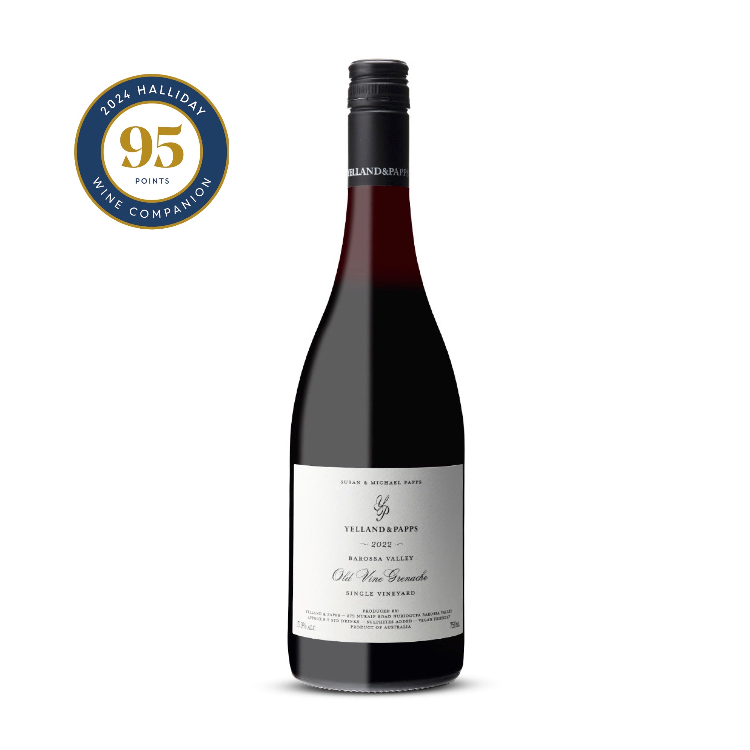 Bottle of Yelland & Papps Old Vine Grenache 2022 showcasing its sophisticated label, representing a heritage Barossa Valley wine made from 1953 vines.