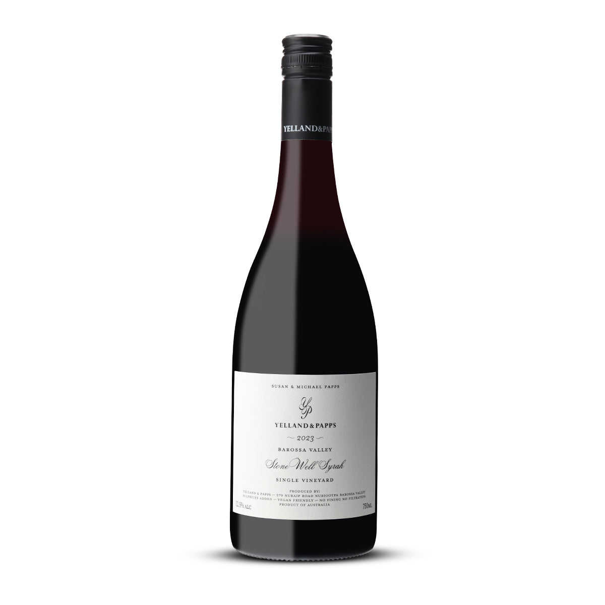 Bottle of Yelland & Papps Single Vineyard Estate Stone Well Syrah 2023 showcasing its elegant label, representing the terroir-driven style of the Barossa Valley.