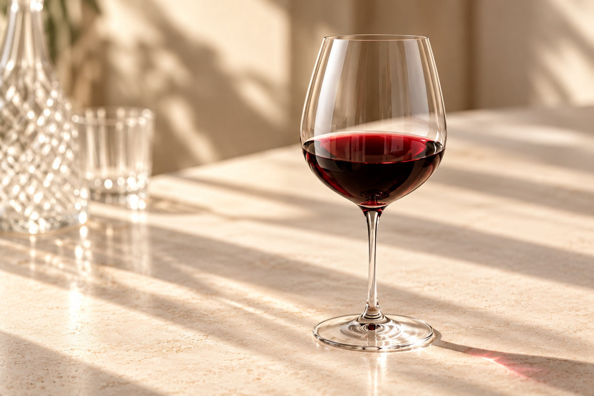 Red wine glass on a warm sunlit stone table