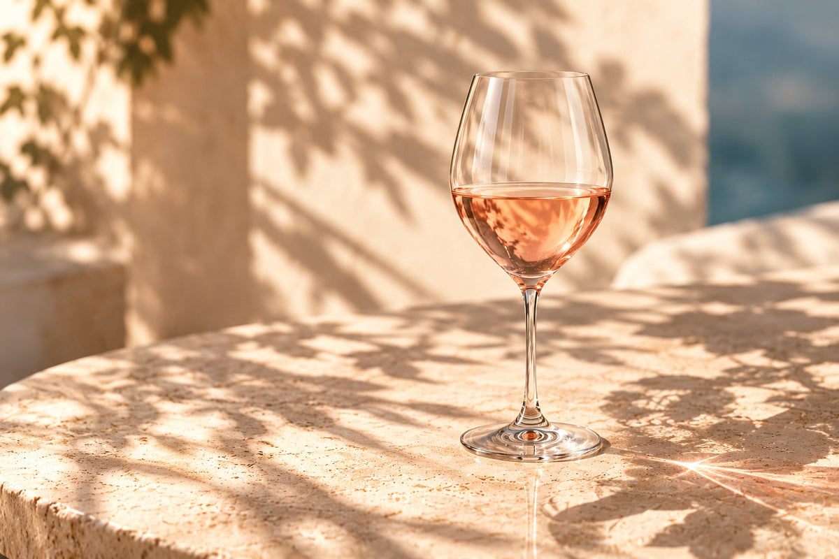 Rosé wine glass on a warm sunlit stone table