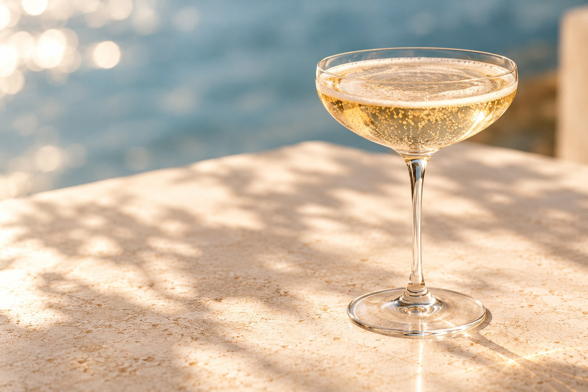 Coupe of sparkling wine in golden natural light