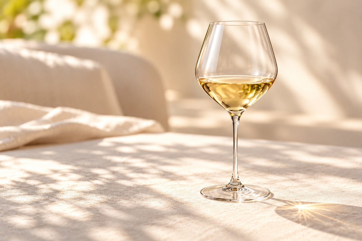 White wine glass in warm natural light on a stone table